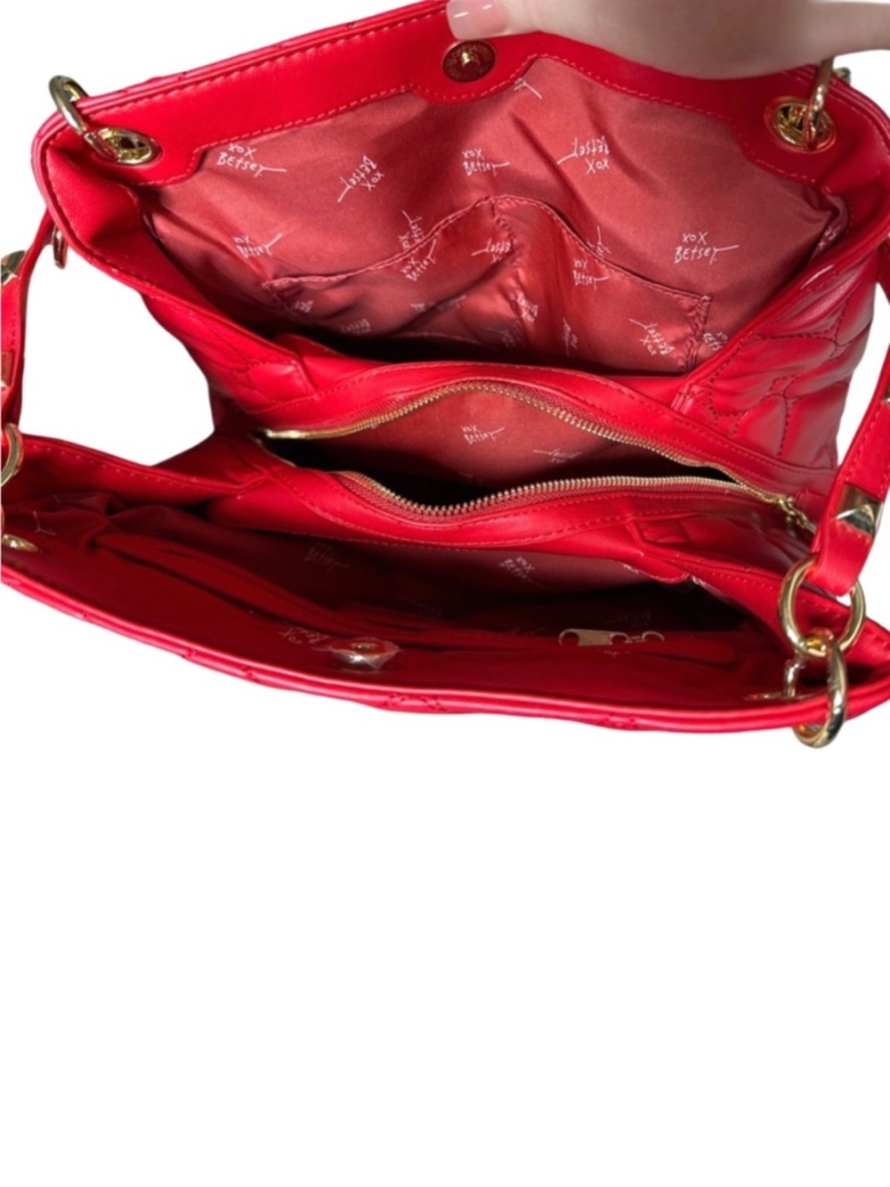 Betsey Johnson Red Heart-Quilted Shoulder Bag with Floral Bow Charm - Picture 4 of 7